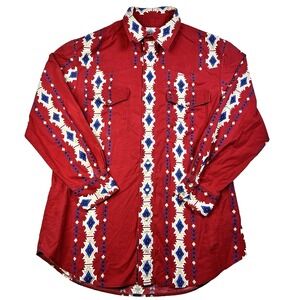 VTG Mens Western Long Sleeve Button Up Shirt Red Aztec Pearl Snap Size Large